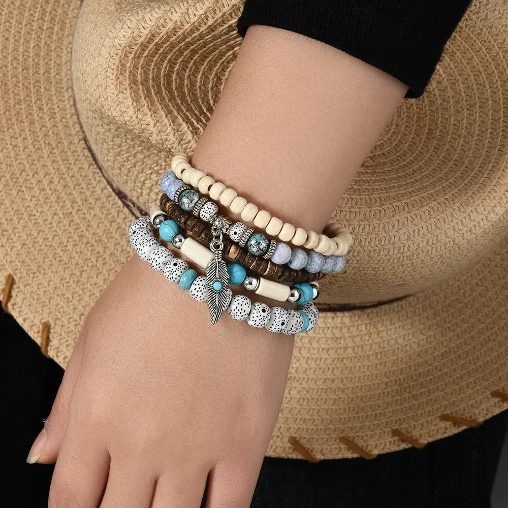 Pulseras de cuentas de turquesa de Bohemia,cuentas manchadas, hojas vintage, piedra natural y cuentas de madera