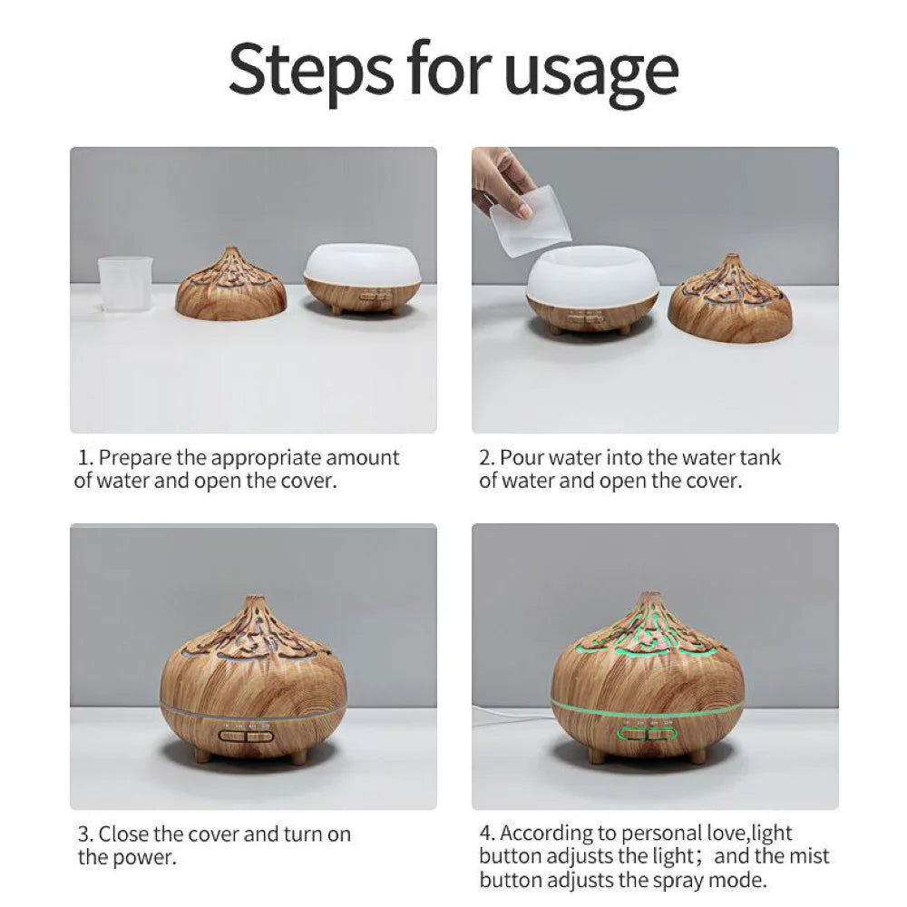 Humidificador de aire de 500 ml, difusor de aceites esenciales de aromaterapia, grano de madera, control remoto, humidificador ultrasónico para hogar, dormitorio, spa