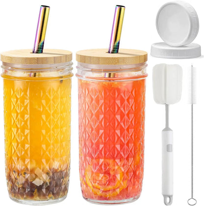 Paquete de 2 vasos de vidrio de 24oz con tapas y pajitas, tazas de té reutilizables