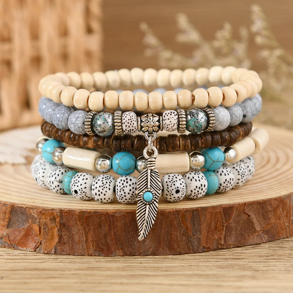 Pulseras de cuentas de turquesa de Bohemia,cuentas manchadas, hojas vintage, piedra natural y cuentas de madera