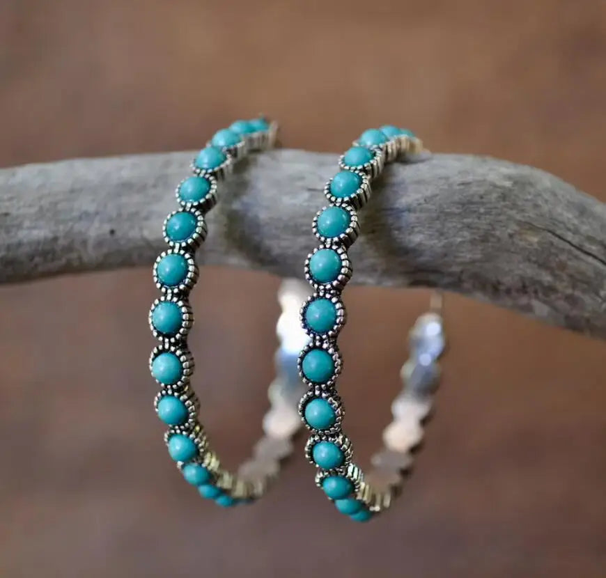 Pendientes turquesa de Bohemia, gran pendiente de aro redondo de color plateado