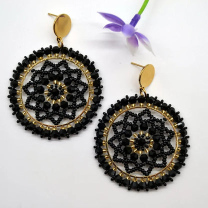 Pendientes de cuentas de arroz retro de moda bohemia con cristal ahuecado tejido a mano