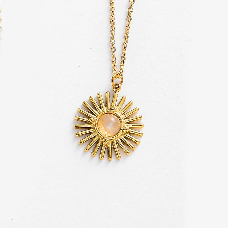 Collares colgantes de girasol de piedra natural de Bohemia y cadena de acero inoxidable