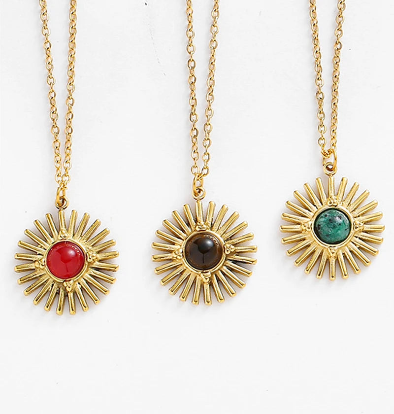 Collares colgantes de girasol de piedra natural de Bohemia y cadena de acero inoxidable