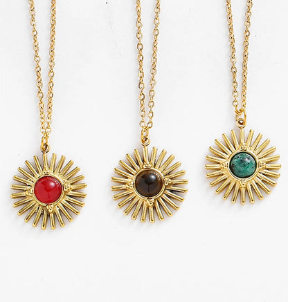 Collares colgantes de girasol de piedra natural de Bohemia y cadena de acero inoxidable