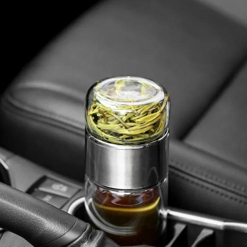 Botella de agua de té de 420ML, vaso de agua de doble capa de vidrio de borosilicato alto