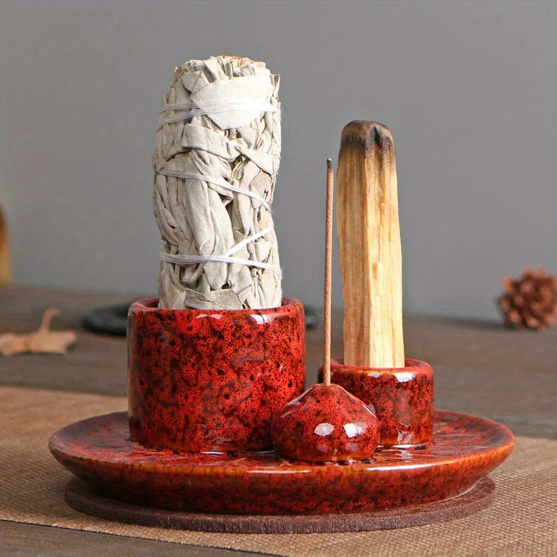 Quemador de incienso de cerámica 4 en 1 Incluye soporte de salvia y soporte de incienso para palos