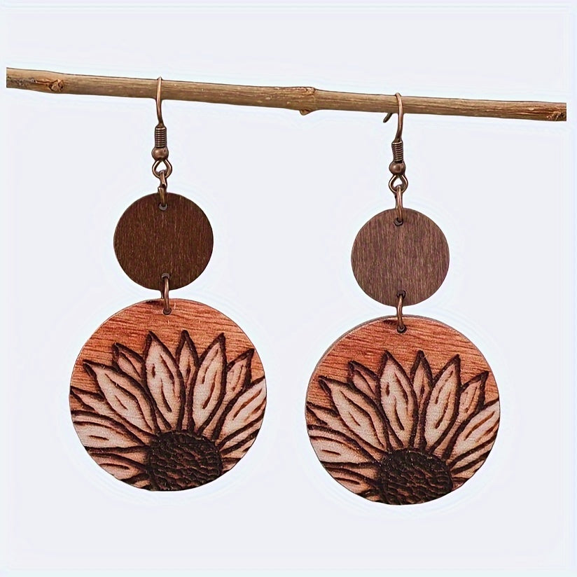 Pendientes colgantes de girasol de inspiración vintage - de madera