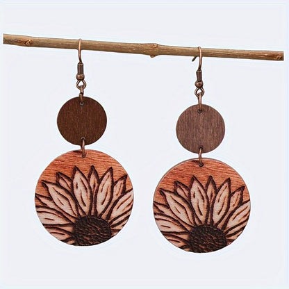 Pendientes colgantes de girasol de inspiración vintage - de madera