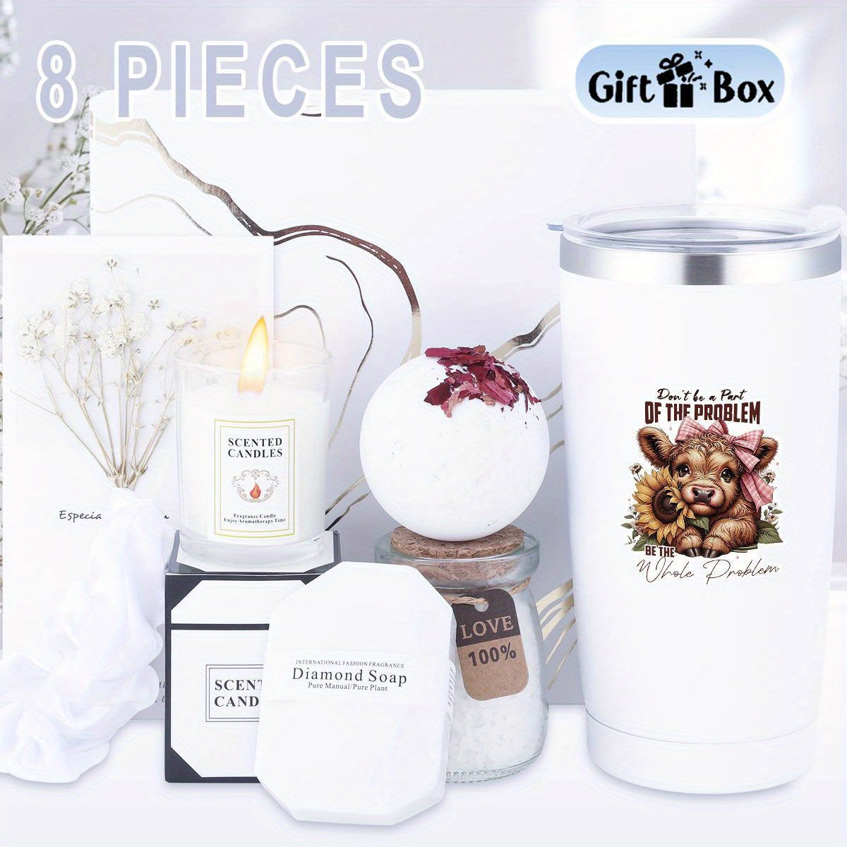 Cesta de regalo de spa de 8 piezas, juego de cestas artículos que incluyen taza, bombas de baño, velas, jabón, caja de regalo, sales de baño