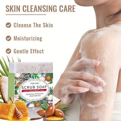 Jabón exfoliante de coco, enriquecidos con coco, manteca de karité y manteca de leche de cabra, limpian en profundidad y nutren la cara y el cuerpo, hidratan y suavizan la piel, no irritante.