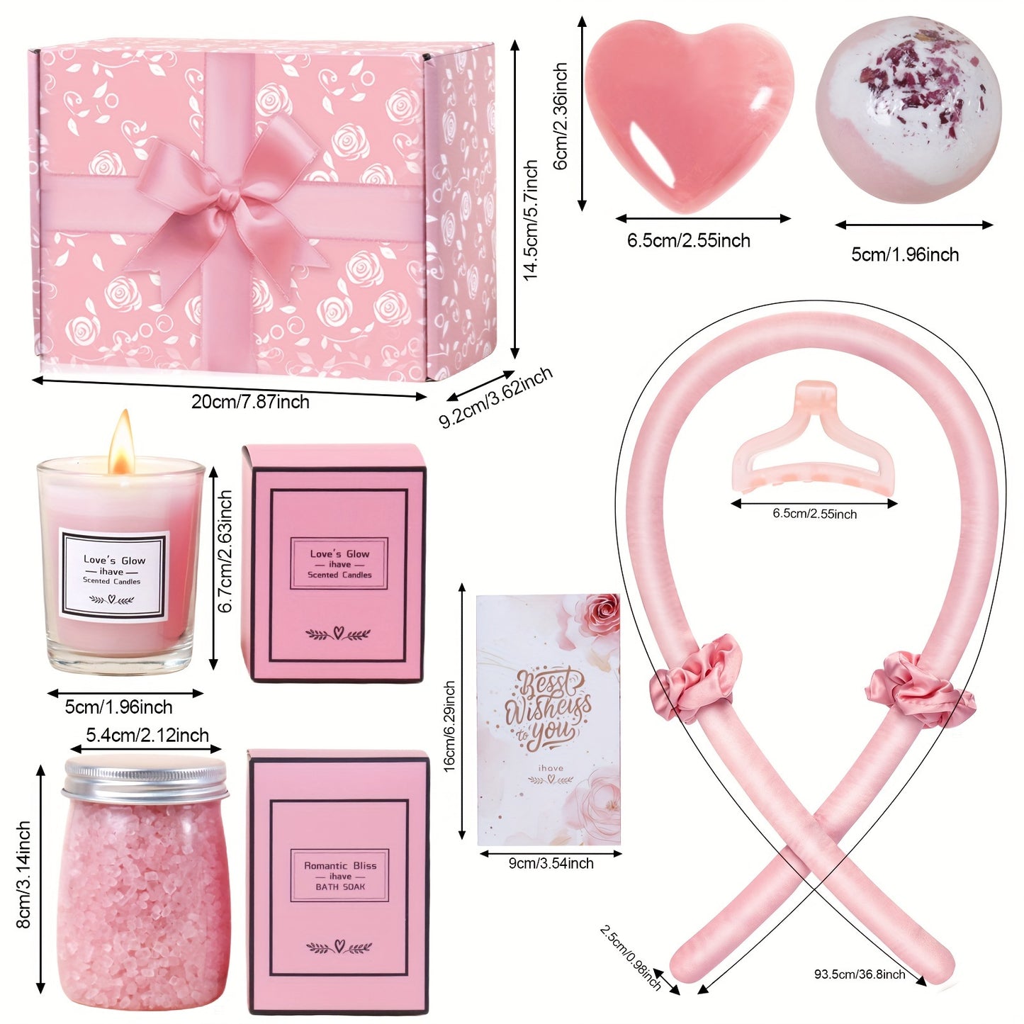 Regalos personalizados que incluyen rizador de pelo sin calor, bombas de baño, sales de baño, velas, jabón