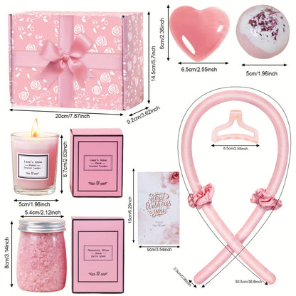 Regalos personalizados que incluyen rizador de pelo sin calor, bombas de baño, sales de baño, velas, jabón