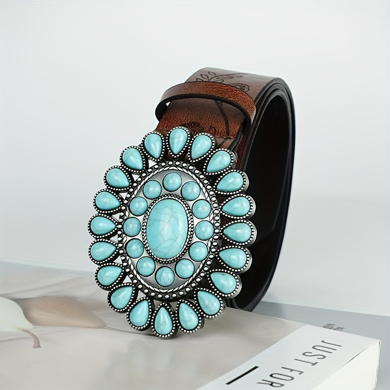 Cinturón turquesa boho- Hebilla ovalada, cintura de cuero en relieve marrón vintage