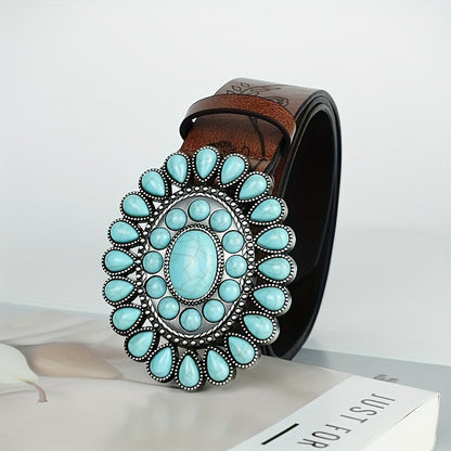 Cinturón turquesa boho- Hebilla ovalada, cintura de cuero en relieve marrón vintage