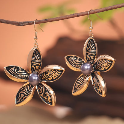 Pendientes colgantes de flores de esmalte negro Boho-Chic - Aleación de zinc