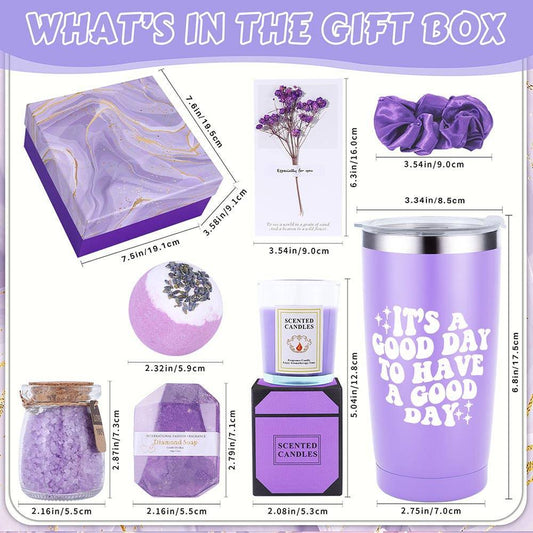 Set de regalo Lavender Bliss de 8 piezas: vaso aislado, tarjeta de felicitación, lazo para el pelo, vela perfumada, sales de baño, bomba de baño, barra de jabón - Sin alcohol para todo tipo de piel
