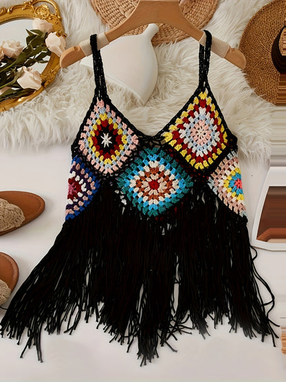 Colorido top cami con flecos de ganchillo boho - cuello en V, sin mangas, versátil y detalle de borla acrílica hecha a mano