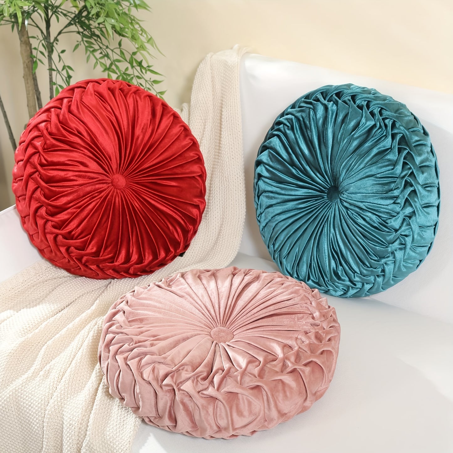 Juego de 2 piezas de lujosas almohadas redondas plisadas de terciopelo