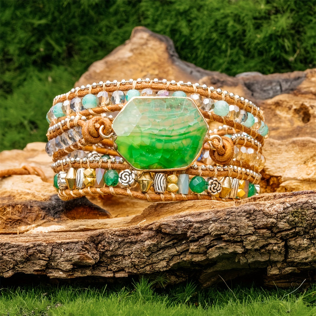 Pulsera de cuentas de 3 estilos Boho cuentas de ágata natural ajustable hecha a mano y cuerda de cuero