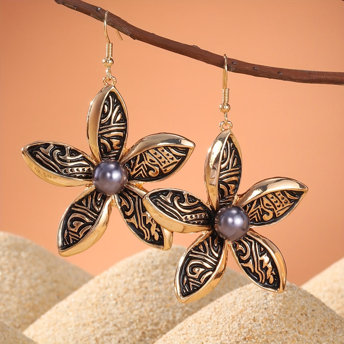 Pendientes colgantes de flores de esmalte negro Boho-Chic - Aleación de zinc