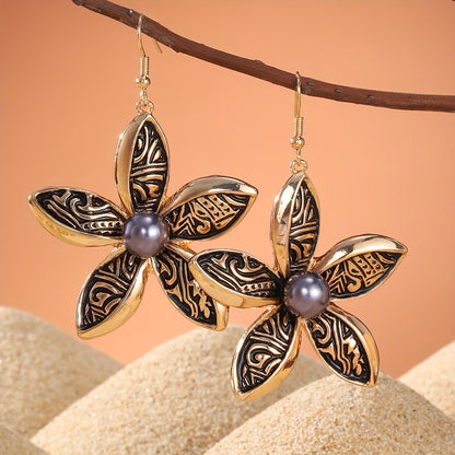 Pendientes colgantes de flores de esmalte negro Boho-Chic - Aleación de zinc