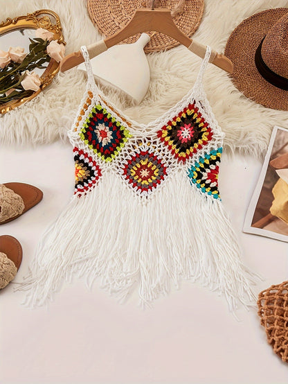 Colorido top cami con flecos de ganchillo boho - cuello en V, sin mangas, versátil y detalle de borla acrílica hecha a mano