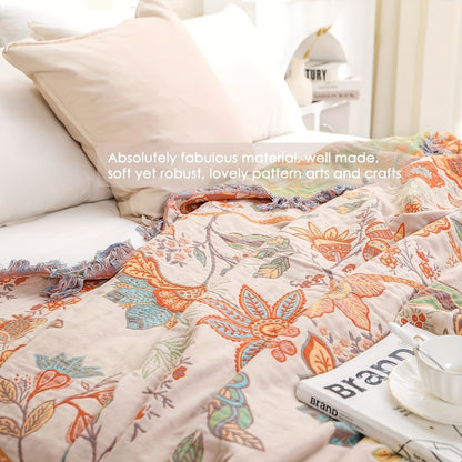Manta floral boho con borlas - Reversible, suave y acogedora para sofá, cama y sillón