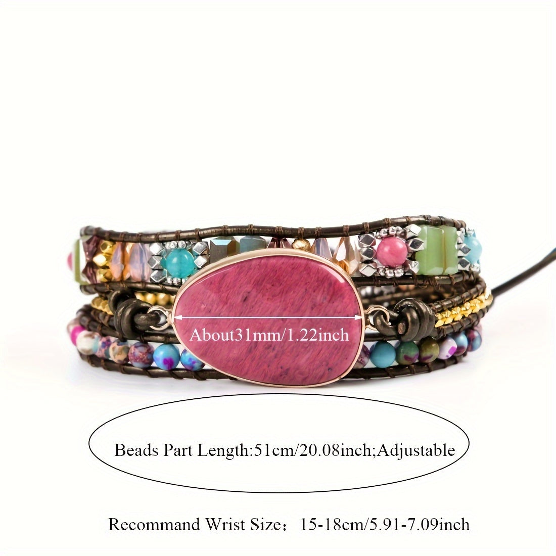 Pulsera envolvente de piedra de rodocrosita genuina - hecha a mano con correas de cuero ajustable