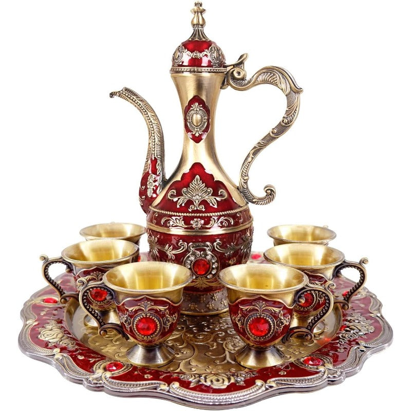 Juego de cafetera y taza turca con 6 tazas y bandeja para servir, metal decorado con diamantes de imitación - Servidor de bebidas multifuncional de estilo antiguo rojo y dorado