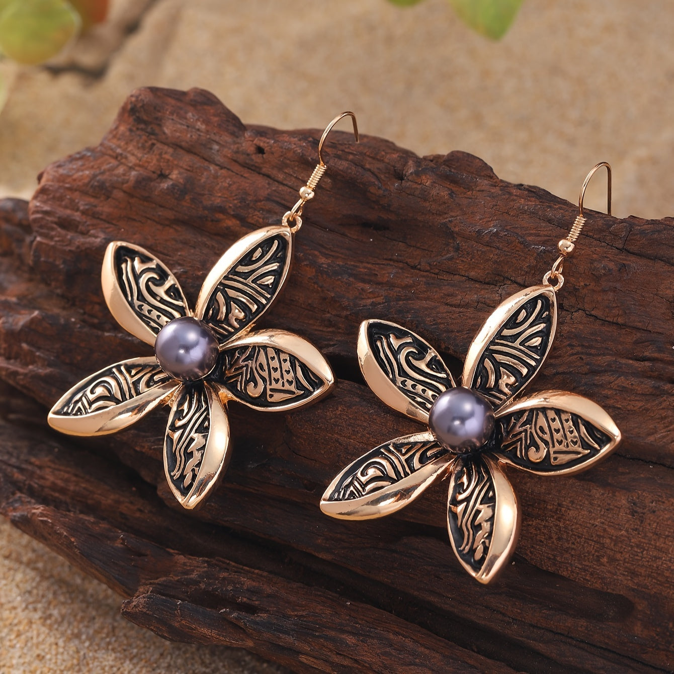 Pendientes colgantes de flores de esmalte negro Boho-Chic - Aleación de zinc