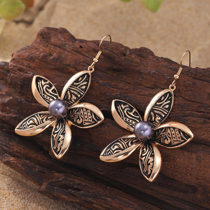 Pendientes colgantes de flores de esmalte negro Boho-Chic - Aleación de zinc