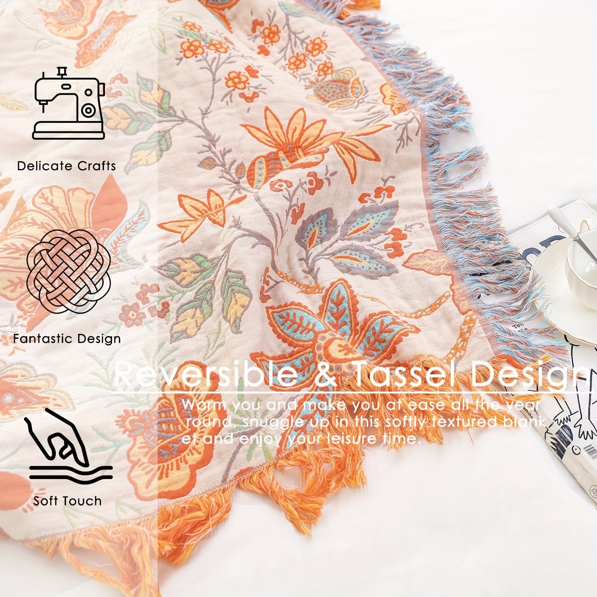 Manta floral boho con borlas - Reversible, suave y acogedora para sofá, cama y sillón