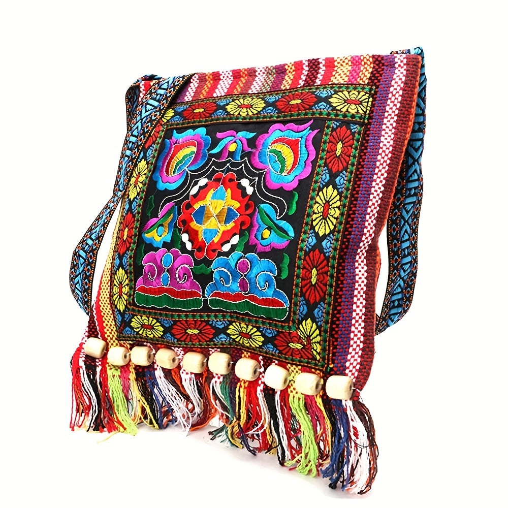 Bolso bandolera bordado Boho-Chic con borlas, cremallera segura y tela duradera